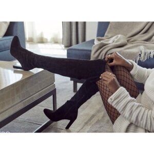 NIB Black Over The Knee Faux Sued Almond Toe Block Heel Boots